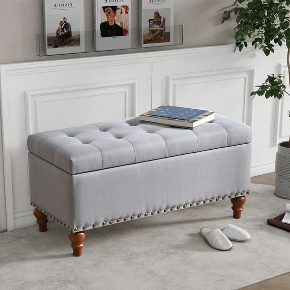 Ottoman Storage Bench with Recessed Support Hinge Top in Linen, Perfect for Bedroom and Living Room Organization,Grey