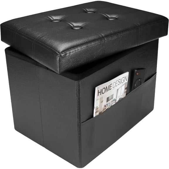 Ottoman with Storage Foot Stool - 17 Inches Folding Storage Ottomans, Leather Upholstered Ottoman Foot Rest with Side Pockets, Suitable for Living Room, Bedroom, Cafe