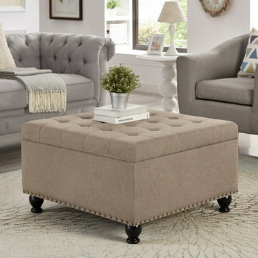Ottoman with Storage, Large Square Coffee Table with Wooden Legs, Upholstered Button Tufted Storage Ottoman, Coffee Tables with Nail Trims for Living Room Bed Room Apartment, Linen
