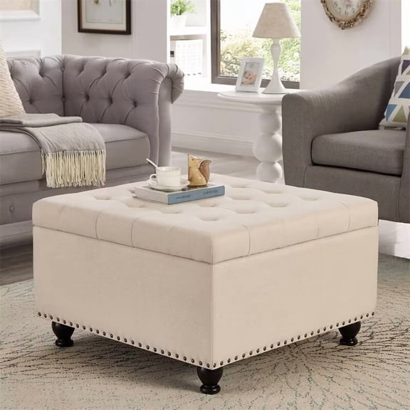 Ottoman with Storage, Large Square Coffee Table with Wooden Legs, Upholstered Button Tufted Storage Ottoman, Coffee Tables with Nail Trims for Living Room Bed Room Apartment, Beige