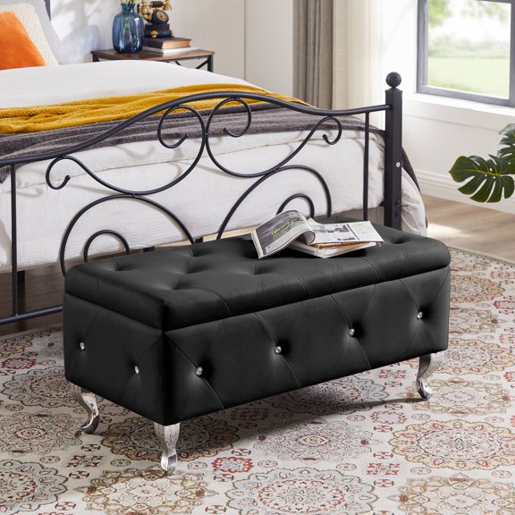 Ottoman with Storage for Living Room, Upholstered Bed End Stool, Storage Bench with Padded Seat, Flip Top Bench Seat with Safety Hinge, for Living Room, Bedroom, Entryway, Black PU, L0251