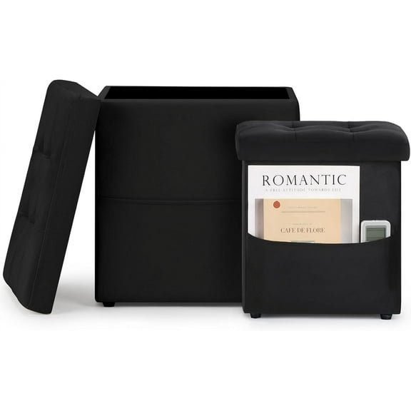 Ottoman with Storage, Set of 2 Footstool with Side Pocket, 16.8 Inches Small Upholstered Ottoman Foot Rest, Multifunctional Ottomans for Living Room, Bedroom, Singel Sofa, Black