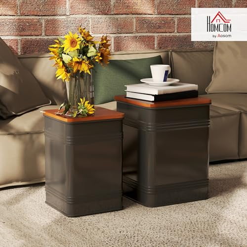 Ottoman with Storage Set of 2, Industrial Accent Side Table with Removable Wood Lid, Metal Frame and Hidden Space, Nesting Ottoman Stool for Living Room, Black