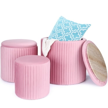 Ottoman with Storage Set of 3, Round Vanity Stools for Makeup Room, 3PCS Multifunctional Velvet Upholstered Pink Ottoman Footrest Stool for Bedroom Living Room Decorative Furniture, Pink