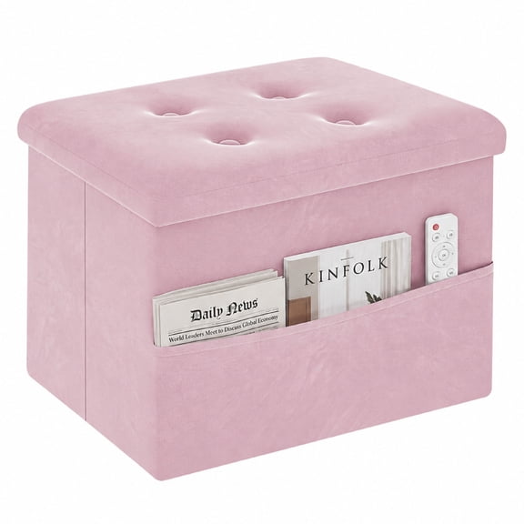 ZOES HOMEWARE Small Storage Ottoman with Storage and Side Pocket, Ottoman Velvet Footstool, Foldable & Collapsible, 16"x12"x12" , Pink