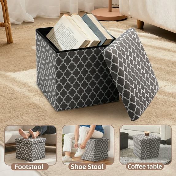 YEEZEE Storage Ottoman,Foldable Footstool with Thick Cushion for Living Room,14.9L*14.9W*13.8H,Grey