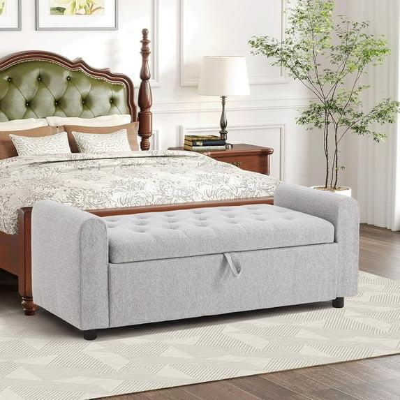 Ottoman with Storage, Tufted Storage Bench for Bedroom, 48" Fabrics End of Bed Bench, Upholstered Entryway Shoe Benches with Rolled Arm & Inner Zipper,Window Ottomans Chest without Rivets, Light Grey