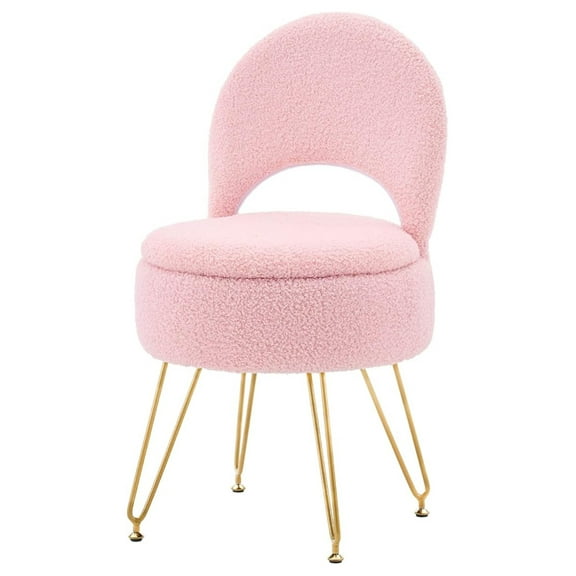Ottoman Teddy Velvet Vanity Stool Chair with Folding Back Multifunctional Upholstered Makeup Chair, 4 Metal Legs with Anti-Slip Feet for Bedroom Living Room Entryway(Pink,M)