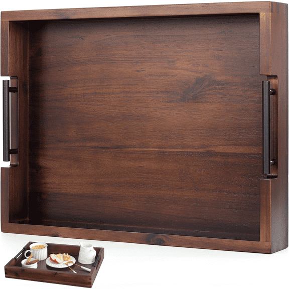 Ottoman Tray (16.5x12.5x2.5 inch) Acacia Wood Serving Tray with Black Metal Handles, Great for Ottoman Tray, Food Tray, Breakfast Tray, Eating Tray (Vintage Wood Color)