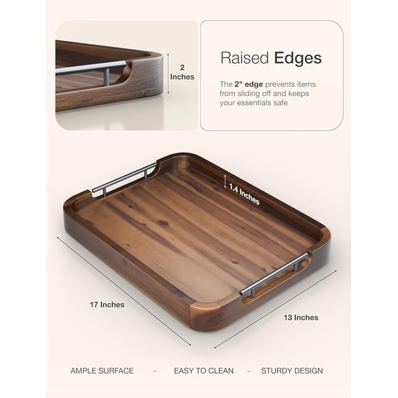 Ottoman Tray for Living Room – 17"x13" Rectangle Serving Tray with Handles – Acacia Wooden Tray for Coffee Table, Living Room, Breakfast in Bed – Decorative Trays for Ottoman (Walnut Color)