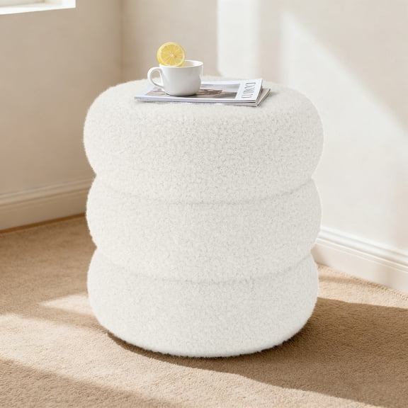 Round Ottoman with Storage, Plush Teddy Boucle Footstool for Living Room, Soft Vanity Stool with Hidden Compartment, Circular Foot Rest for Bedroom & Dorm Decor, White