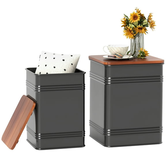 Ottoman with Storage Set of 2, Industrial Nesting Ottoman Stool with Removable Lid, Metal Frame for Living Room, Black