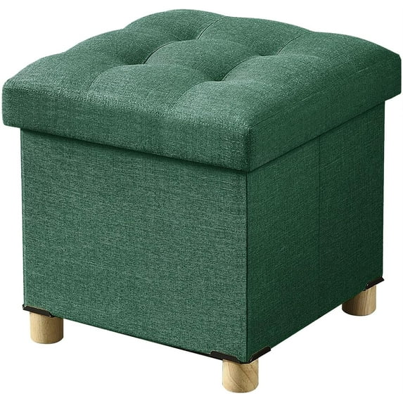 Ottoman with Storage, Small Storage Ottoman, Folding Foot Stool with Wood Legs for Living Room and Bedroom Linen Rest Seat, 15"x15"x15" - Dark Green