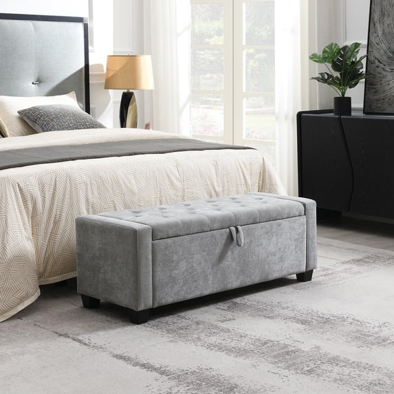 Ottoman with Storage, Upholstered Bench with Button Tufting and Safety Hinge, Solid Wood Frame for Bedroom Living Room Entryway, Light Grey