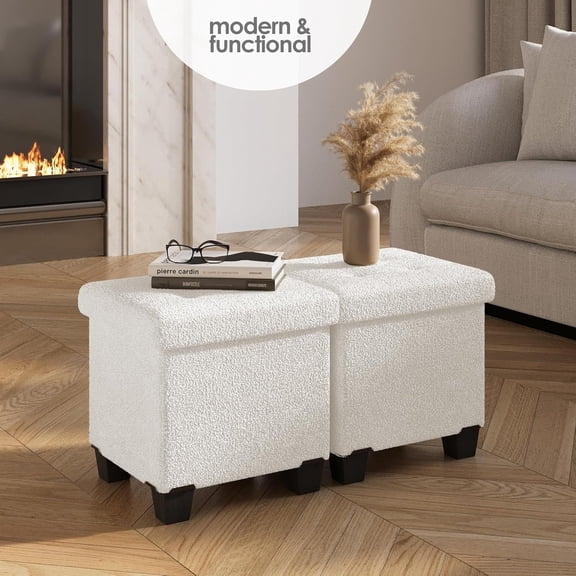 Ottoman with Storage for Living Room, 15 Inch Storage Ottoman Cube, Small Ottoman Foot , Boucle Foot Stool Ottoman 330lbs, White Ottoman