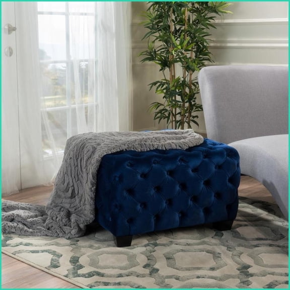 Ottoman with Velvet Upholstery & Button-Tufted Stitch | Navy Blue | Versatile Seating