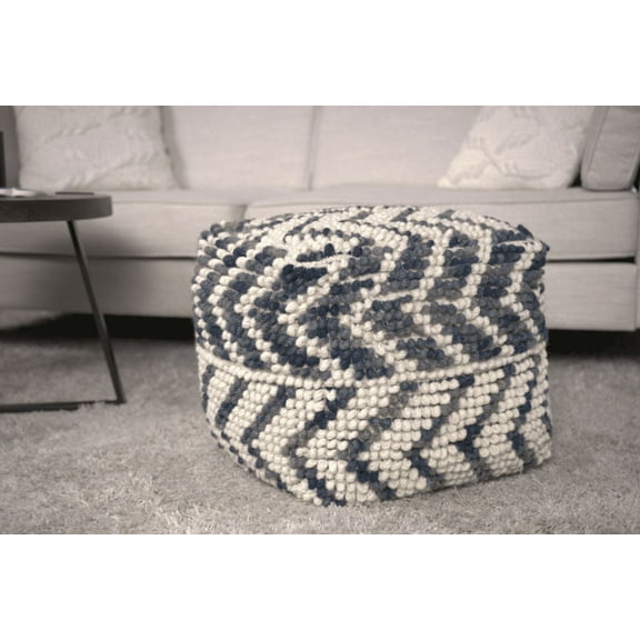 Ottomans With Storage, Alina Wool and Cotton Pouf, Natural and Blue, Natural Large Ottomans,Wool Living Room Ottomans, Furniture Primary Living Space Ottomans Alina Wool and Cotton Pouf, Natural and