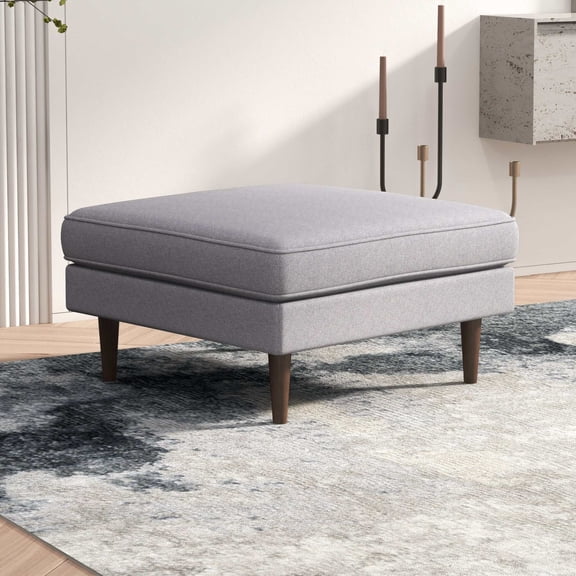 Casual Leisure Amber Mid-Century Modern Square Upholstered Ottoman with Solid Wood Legs in Light Gray Linen 18"H x 31"W x 31"D for Living Room Bedroom(Not Include Sofa),Large Ottomans