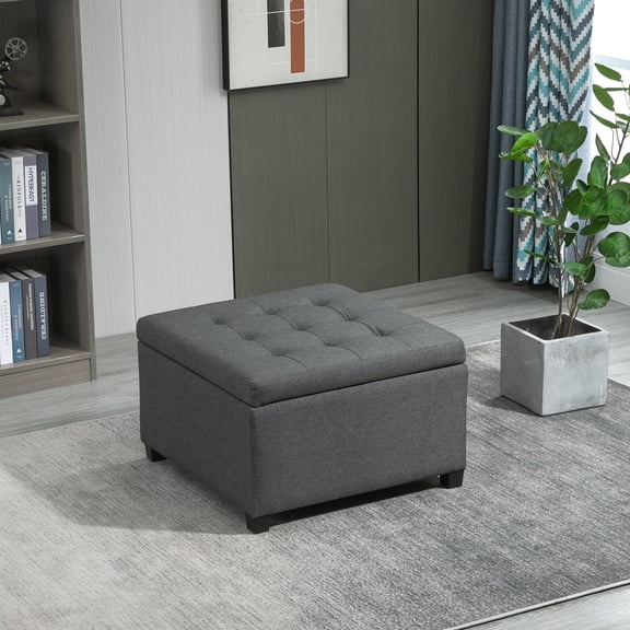 Ottomans With Storage HOMCOM Fabric Tufted Storage Ottoman with Flip Top Seat Lid, Metal Hinge and Stable Eucalyptus Wood Frame for Living Room, Entryway, or Bedroom, Grey,Living Room Ottomans