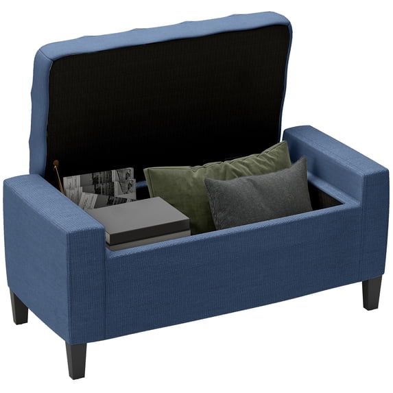 Ottomans With Storage HOMCOM Storage Ottoman, Linen Upholstered Storage Bench with Lift Top and Button Tufted for Living Room, Dark Blue,Living Room Ottomans