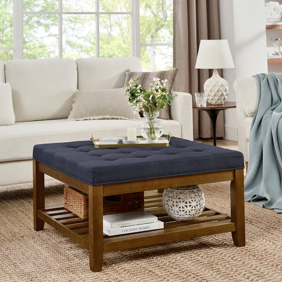 Ottomans With Storage Upholstered Coffee Table Tufted Linen Large Square Ottoman with Beech Wood Shelf and Frame, Oversized Footrest Ottoman for Living Room, Navy Blue,Large Ottomans