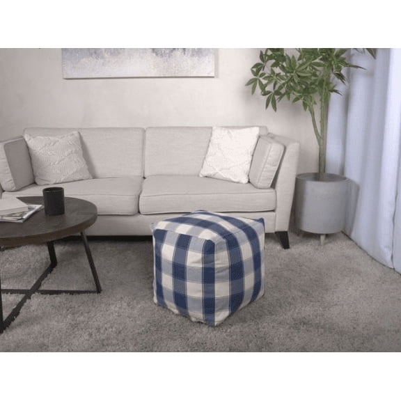 Ottomans With Storage Connor Checkered Square Pouf, Ivory and Navy Blue,Large Ottomans