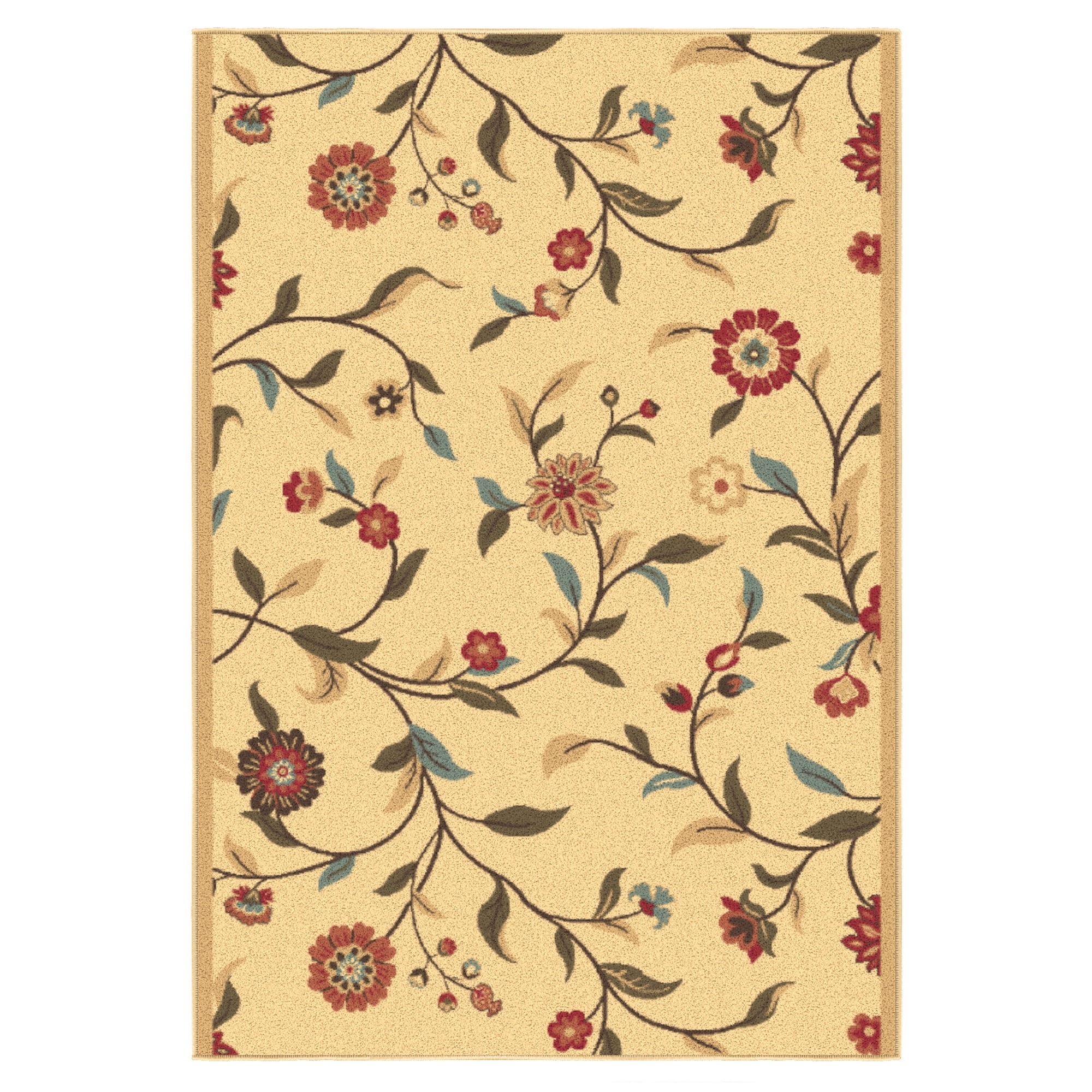 Ottomanson 2'7" x 5' Area Rug – Non-Slip Low Pile Stain Resistant Rug for Bedroom & Entryway, Floral Beige