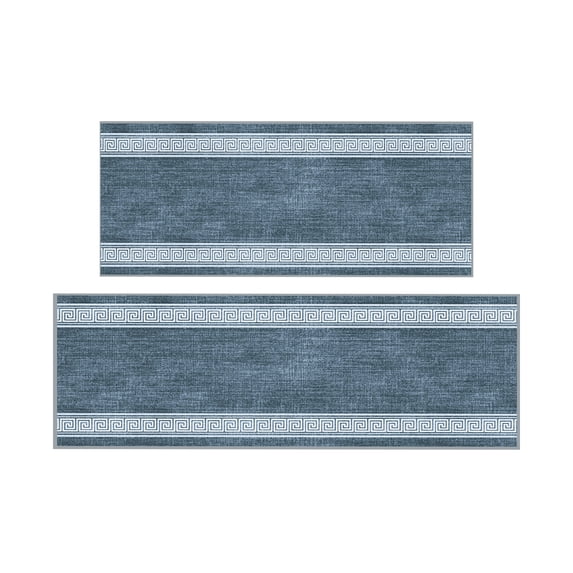 Ottomanson 2-Piece Kitchen Rug Set, Non-Slip Washable Hallway Runner & Floor Mat for Sink 22.5" x 48" + 22.5" x 60" Greek Border Greyish Blue