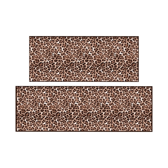Ottomanson 2-Piece Kitchen Rug Set, Non-Slip Washable Hallway Runner & Floor Mat for Sink 22.5" x 48" + 22.5" x 60" Leopard Brown