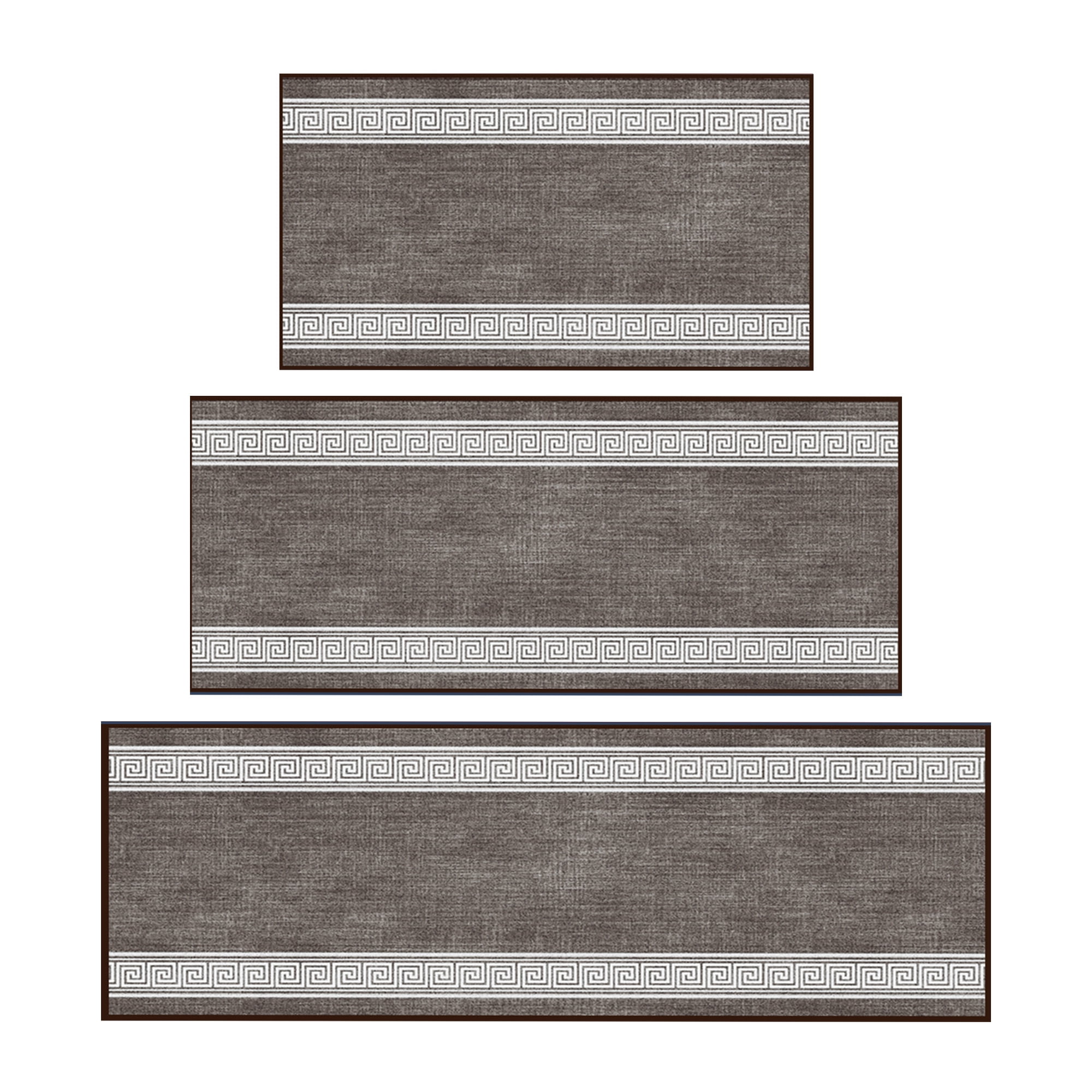 Ottomanson 3-Piece Kitchen Rug Set, Non-Slip Washable Hallway Runner & Floor Mat for Bathroom 22.5" x 36" + 22.5" x 48" + 22.5" x 60" Greek Border Brown