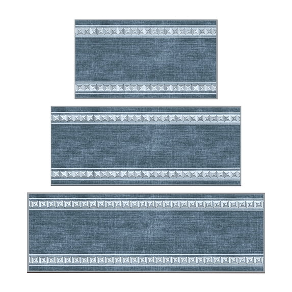 Ottomanson 3-Piece Kitchen Rug Set, Non-Slip Washable Hallway Runner & Floor Mat for Bathroom 22.5" x 36" + 22.5" x 48" + 22.5" x 60" Greek Border Greyish Blue