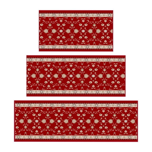 Ottomanson 3-Piece Kitchen Rug Set, Non-Slip Washable Hallway Runner & Floor Mat for Bathroom 22.5" x 36" + 22.5" x 48" + 22.5" x 60" Mahal Red