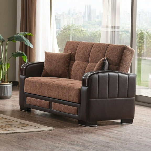 Ottomanson 63" Convertible Loveseat Sleeper with Storage, Modern Chenille Sofa for Small Spaces, Brown