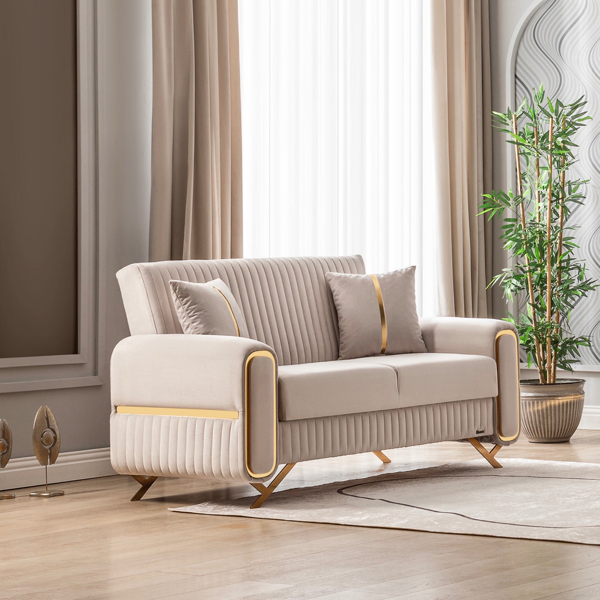 Ottomanson 67" Convertible Loveseat Sleeper with Storage, Modern Microfiber Sofa for Small Spaces, Beige
