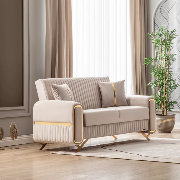 Ottomanson 67" Convertible Loveseat Sleeper with Storage, Modern Microfiber Sofa for Small Spaces, Beige