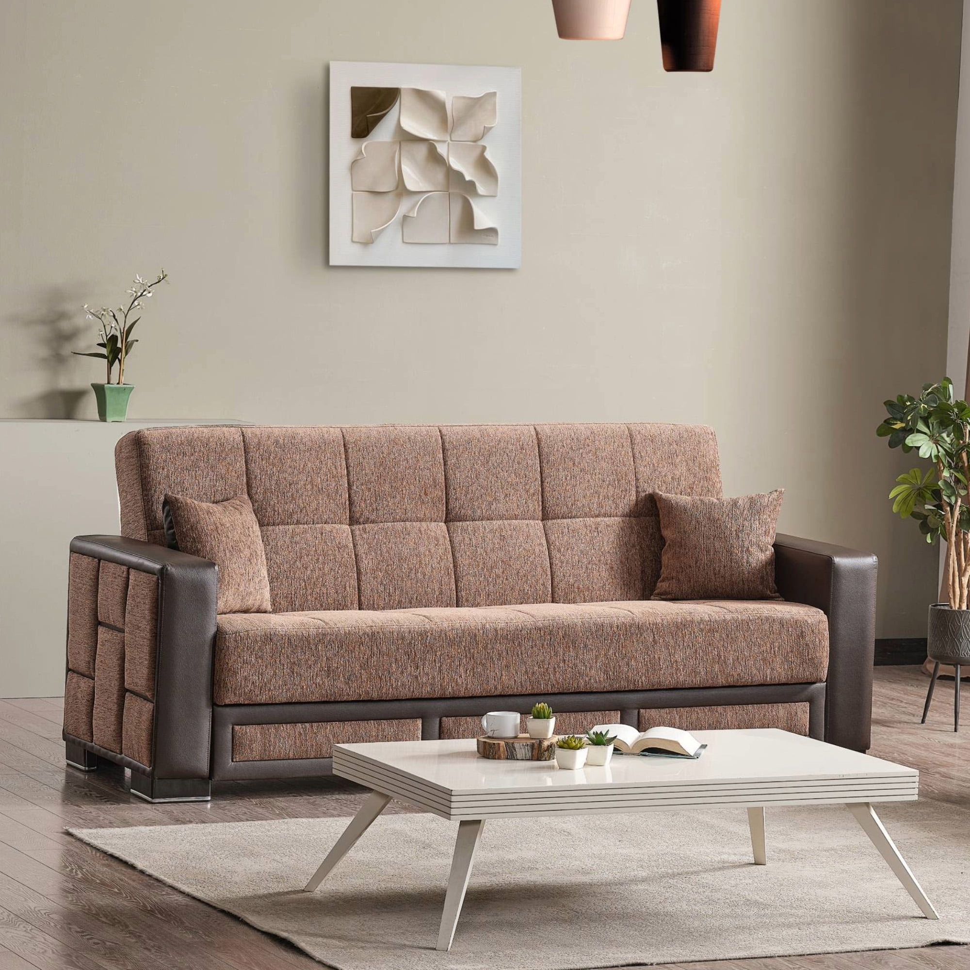 Ottomanson 87" Convertible Sofa Couch for Living Room, Chenille Modern Sofa Bed with Storage, Brown