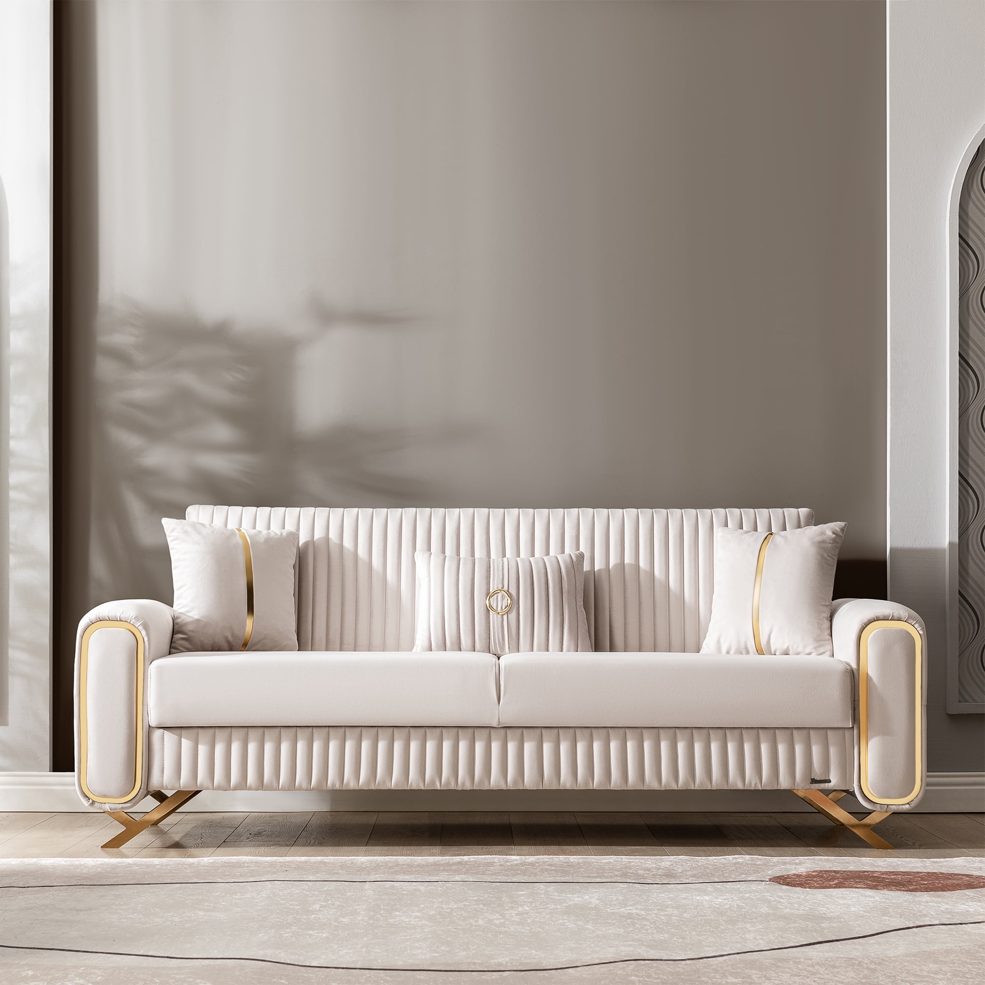 Ottomanson 87" Convertible Sofa Couch for Living Room, Microfiber Modern Sofa Bed with Storage, Beige