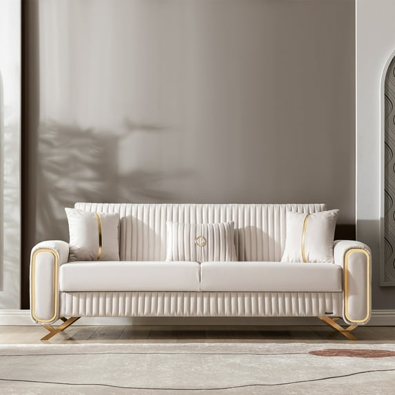 Ottomanson 87" Convertible Sofa Couch for Living Room, Microfiber Modern Sofa Bed with Storage, Beige