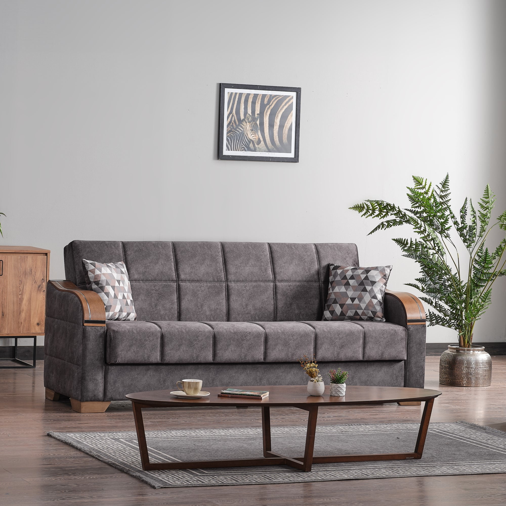 Ottomanson 88" Convertible Sofa Couch for Living Room, Suede Modern Sofa Bed with Storage, Gray