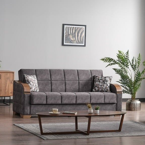 Ottomanson 88" Convertible Sofa Couch for Living Room, Suede Modern Sofa Bed with Storage, Gray