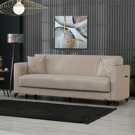 Ottomanson 90" Convertible Sofa Couch for Living Room, Microfiber Modern Sofa Bed with Storage, Beige