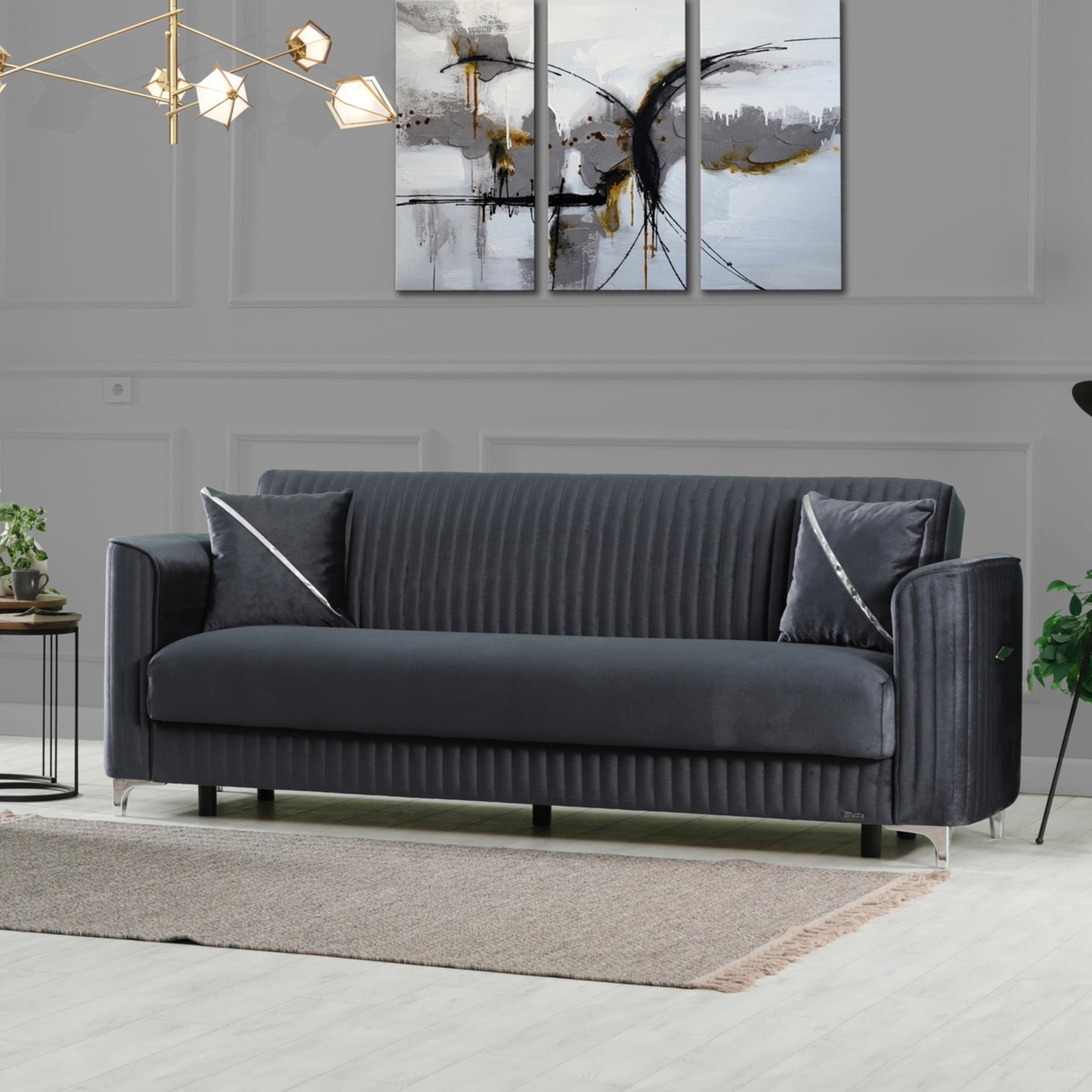 Ottomanson 90" Convertible Sofa Couch for Living Room, Microfiber Modern Sofa Bed with Storage, Gray