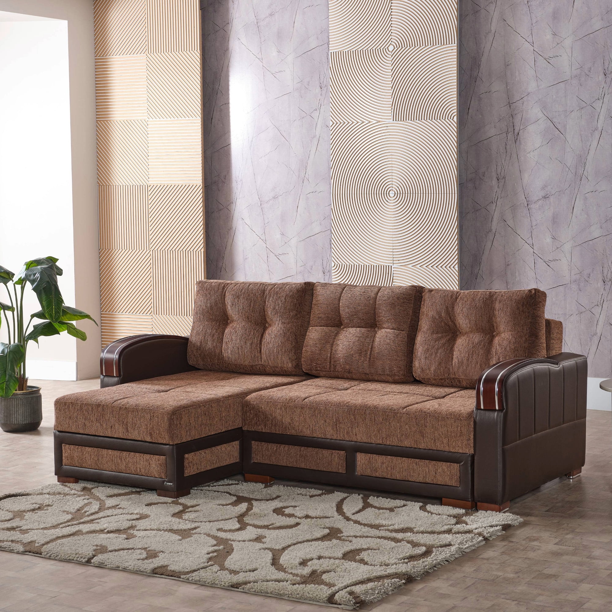 Ottomanson 96" Convertible Sectional Sofa with Storage, Chenille L-Shaped Couch for Living Room, Brown