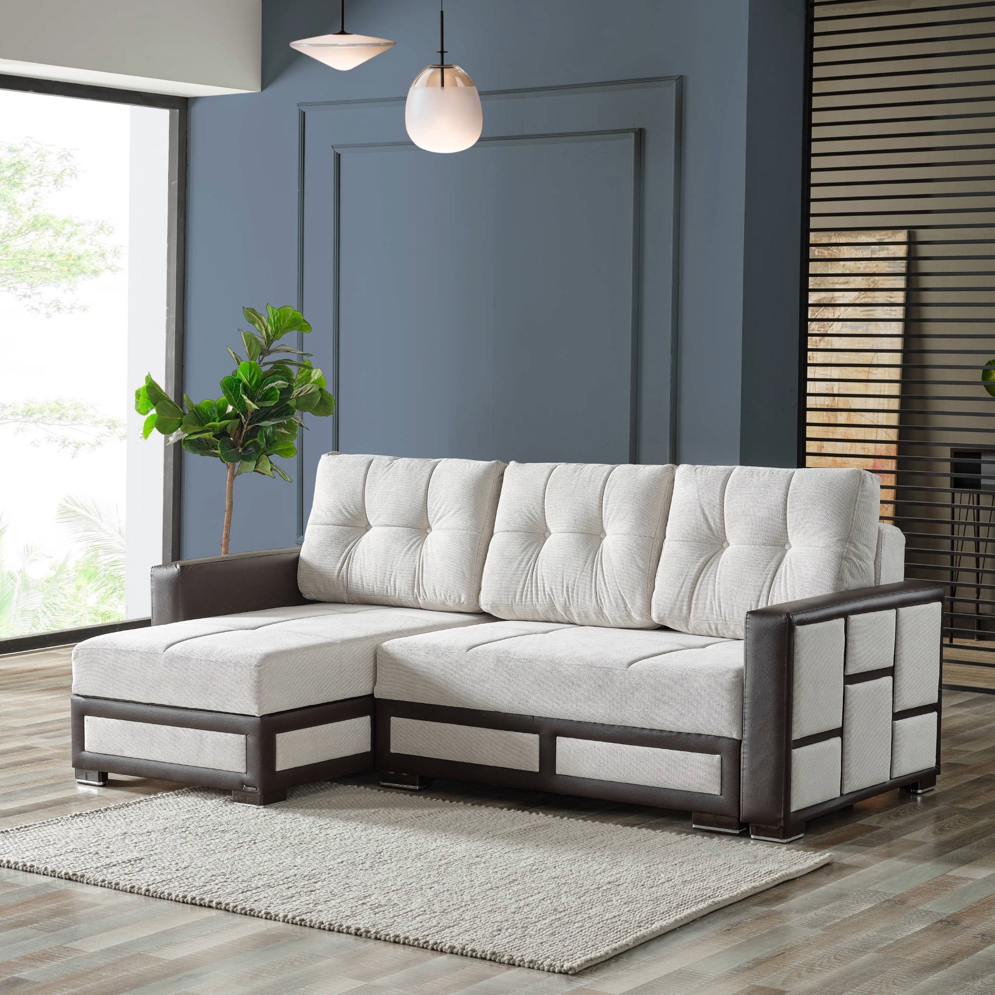Ottomanson 96" Convertible Sectional Sofa with Storage, Chenille L-Shaped Couch for Living Room, Cream