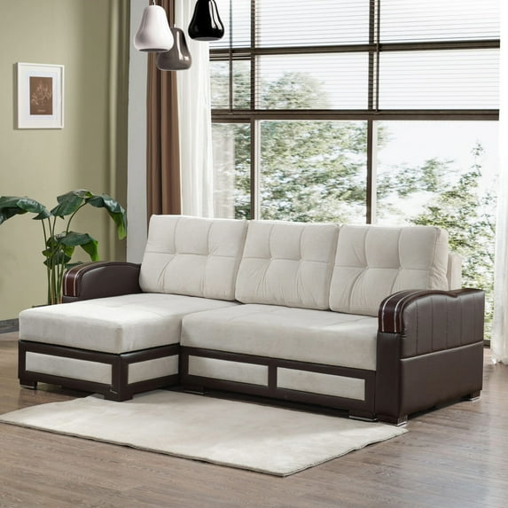 Ottomanson 96" Convertible Sectional Sofa with Storage, Chenille L-Shaped Couch for Living Room, Cream