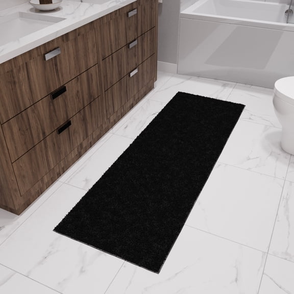 Ottomanson Bath Rug Set 2-Piece, Non-Slip Plush Shag Bathroom Runner & Mat for Sink, 24" x 36" + 24" x 72", Black