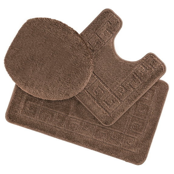 Ottomanson Cathy Washable Non-Slip Rubberback Polypropylene Brown Bath Rug Set, 3 Piece