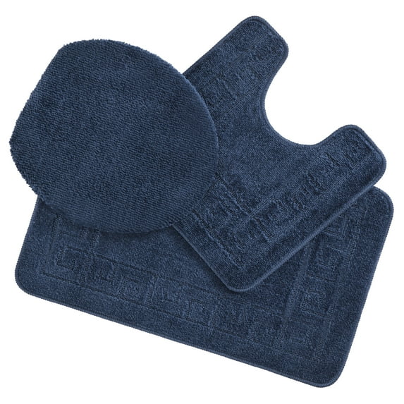Ottomanson Cathy Washable Non-Slip Rubberback Polypropylene Navy Bath Rug Set, 3 Piece