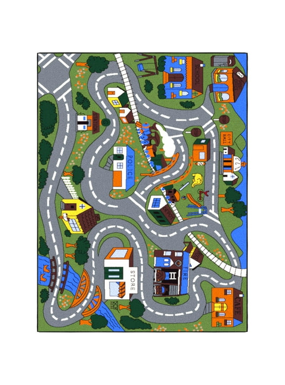 Ottomanson Children Car Road Map 3x5 Washable Non-Slip Area Rug for Kids Playroom, 3'3" x 5', Green/Multicolor