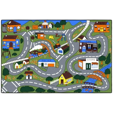 Ottomanson Children Car Road Map 3x5 Washable Non-Slip Area Rug for Kids Playroom, 3'3" x 5', Green/Multicolor